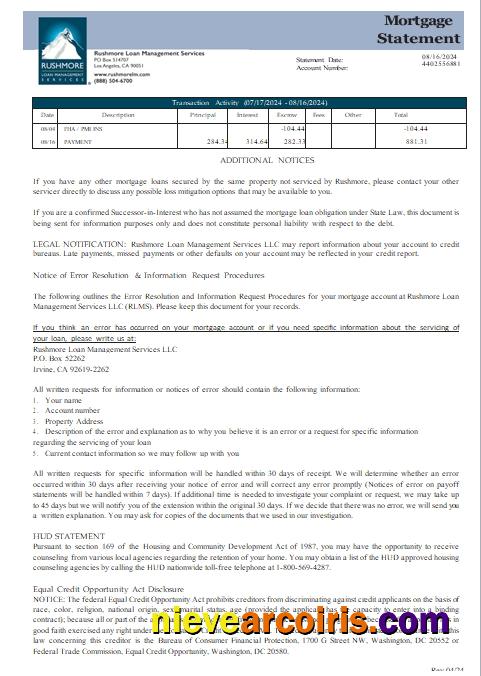 USA California Rushmore Loan Management Services LLC mortgage statement, 3 pages, 3